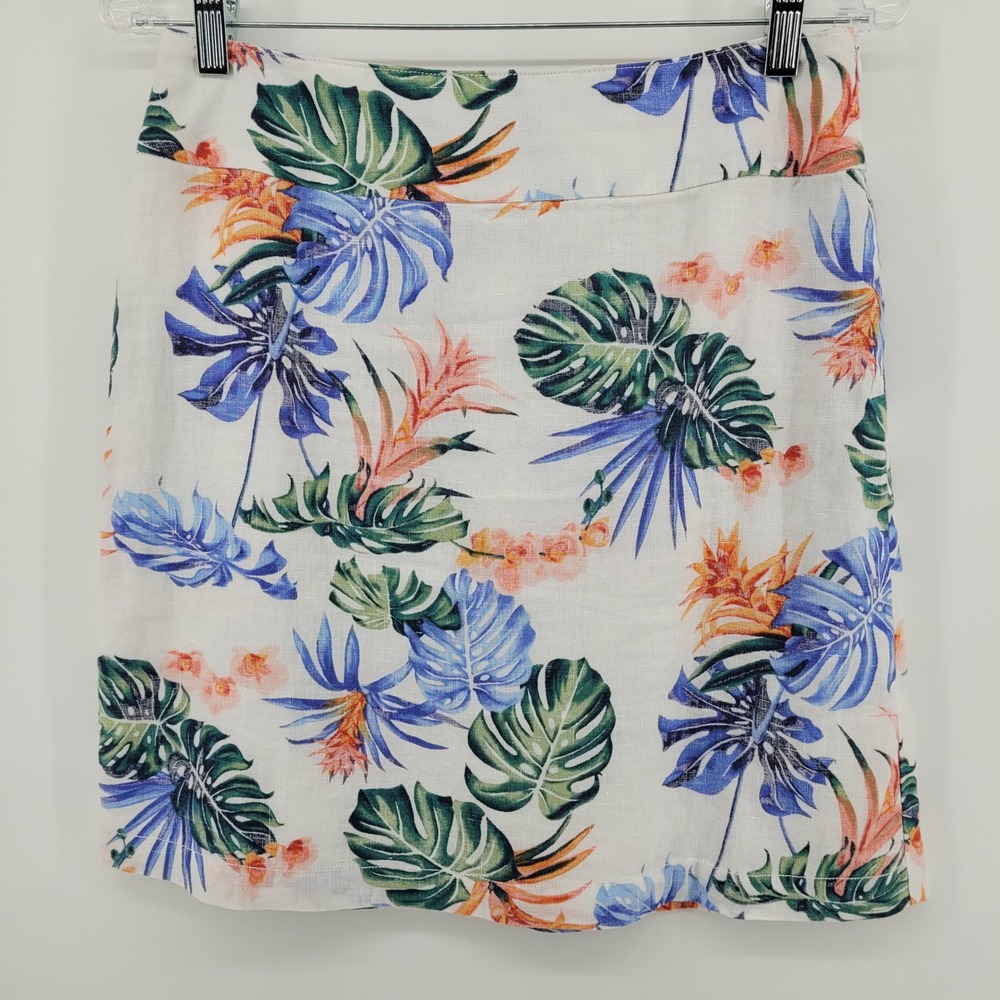 Tommy Bahama White Linen Tropical Floral Coastal Mini Skirt‎ Lined Womens Size 2